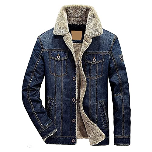 Minetom Hommes Hiver Manches Longues Blouson Nouvelle Veste en Jean Masculine Jacket Trucker Denim Épais Chaud Casual Outwear Bleu Foncé A EU M