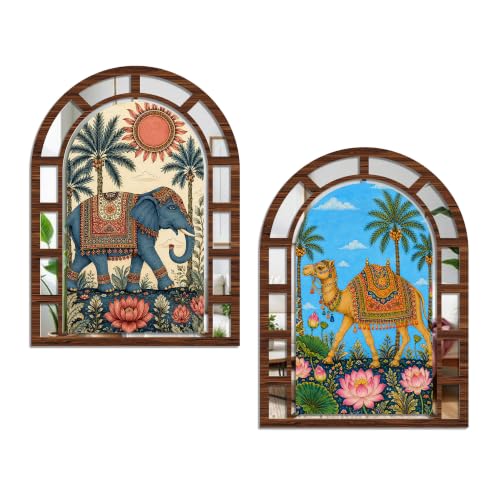 Image of Artvibes Elephant & Camel Home Wall Decor | Jharokha Mirror Wall Hanging for Living Room, Hall, Bedroom, Lobby, Dining Area & Entrance | Gift (WHJ 12054N), Set of 2