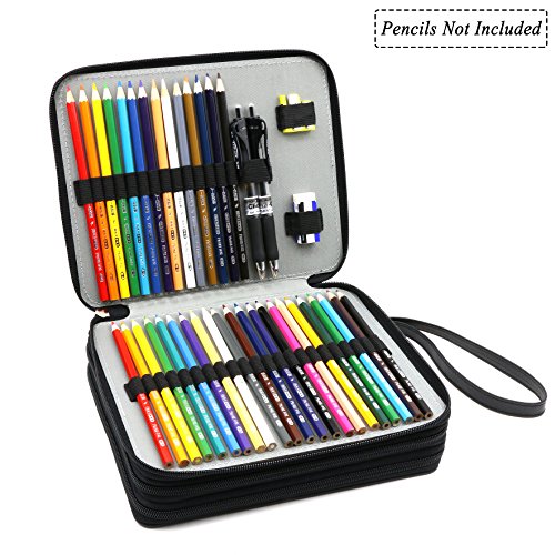 Image of YOUSHARES 120 Slots Pencil Case - PU Leather Handy Multi-layer Large Zipper Pen Bag with Handle Strap for Prismacolor Watercolor Pencils, Crayola Colored Pencils, Marco Pens and Makeup Brush (Black)