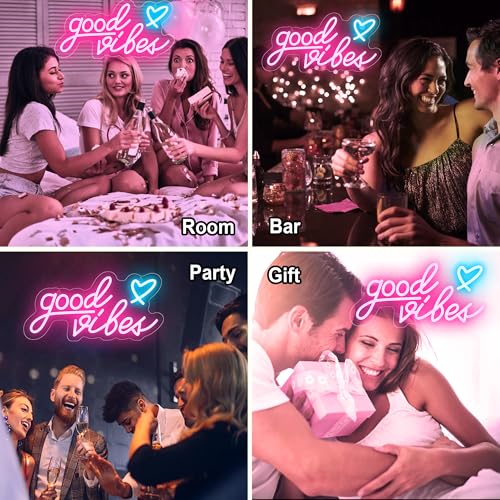 Image of Mothers Day Gifts: Good vibes Neon Sign for Wall -15.7''x 8'' Dimmable Good Vibes LED Light Signs for Bedroom - USB Power Pink Hanging Lighted Up Neon Lights for Room, Office, Party, Salon Decor