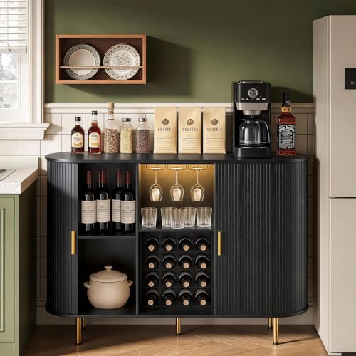 Image of DHH 55 inch Wine Bar Cabinet with Storage, Fluted Liquor & Coffee Bar Cabinet with Wine Rack and Glass Holder, Buffet Sideboard with LED Lights for Home Kitchen Living Dining Room(Black)