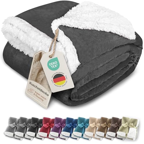Gräfenstayn® Dicke Kuscheldecke flauschig & super weich - warme Sherpa-Fleecedecke in Lammfell-Optik als Wohndecke, Tagesdecke & Sofadecke - Überwurf Decke Sofa & Couch (Anthrazit 200x150)