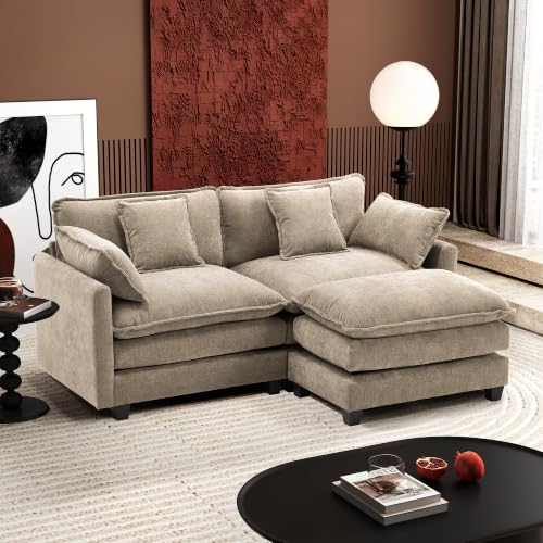 Image of Ihanherry 77 inch L Shaped Modern Sofa Modular Sectional Luxurious and Comfortable with Ottoman, 3-Seat Chenille Deep Seat Sofa with Pillow for Living Room, Bedroom and Apartment,Sand