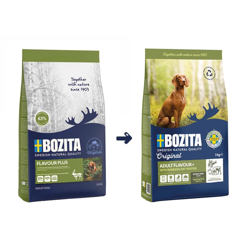 Bozita Hundefutter Original Adult Flavour Plus Rentier – 3 kg weizenfreis Trockenfutter für übergewichtige Hunde oder Hunde mit geringerem Aktivitätsniveau – Ausgewogene & kalorienbewusste Ernährung