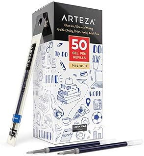 Arteza Gel Pen Refills, Pack of 50 Blue Roller Ball Gel Ink Pen Refills, Quick-Drying, Nontoxic, Fine Point for Writing, Taking Notes & Sketching