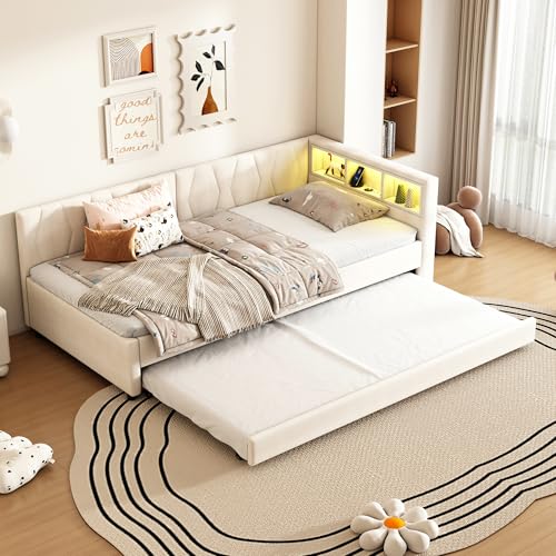 LAKFEW Schlafsofa Kinderbett 90x200 mit LED-Licht und USB-Buchse, Schlafcouch Ausziehbar mit Ausziehbarem Bett, Tagesbett mit Lattenrost, Schlafzimmer Möbel, Ohne Matratze, Linen, Beige LAKFEW Schlafsofa Kinderbett 90x200 mit LED-Licht und USB-Buchse, Schlafcouch Ausziehbar mit Ausziehbarem Bett, Tagesbett mit Lattenrost, Schlafzimmer Möbel, Ohne Matratze, Linen, Beige