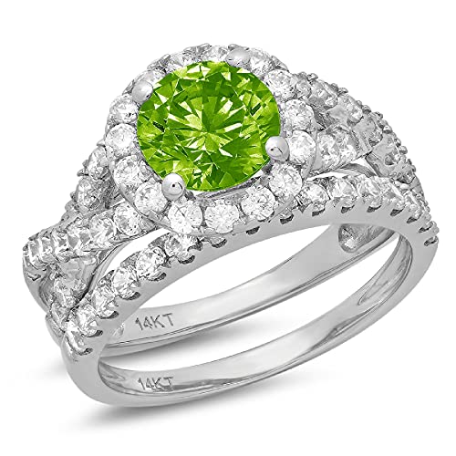 Clara Pucci 2.40ct Round Cut Halo Unique Solitaire Accent Genuine Flawless Natural Green Peridot Engagement Promise Statement Anniversary Bridal Wedding Ring Band set 18K White Gold Size 7.5