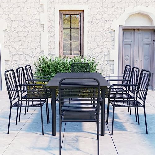 YunCangg 9-Piece Garden Dining Set, Black Powder-Coated Steel, Glass Tabletop, Cotton Rope Chairs, 8 Person Outdoor Patio Furniture, Sun Room Ready