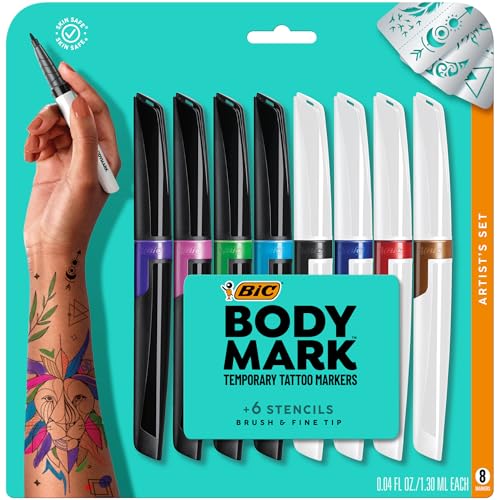 BIC BodyMark Temporary Tattoo Marker Set with Vibrant Colors and Mixed Tips, 8-Count Pack in Assorted Ink