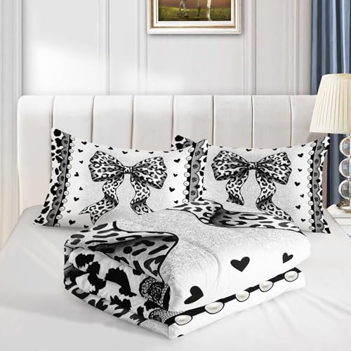 Image of AILONEN Coquette Leopard Comforter Queen 3-Piece Fashion Bow Bedding Brushed Microfiber Quilted Duvet Alternative Master Bedroom Decor Stylish Lace Pearl Print Quilt 2 Cases