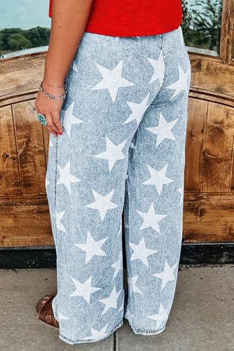 chouyatou Women's Wide Leg Star Printed Jeans Barrel Elastic High Waisted Drawstring Flare Denim Pants3