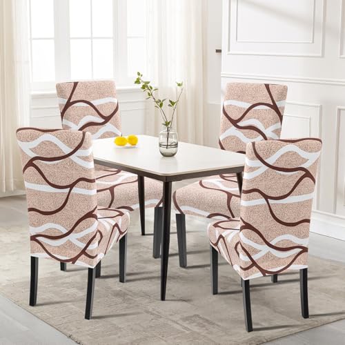 Image of SearchI Dining Room Chair Covers Set of 4, Stretch Printed Parsons Chair Slipcovers Super Fit Spandex Removable Washable Kitchen Chair Protector Cover for Dining Room, Hotel, Ceremony (Khaki)
