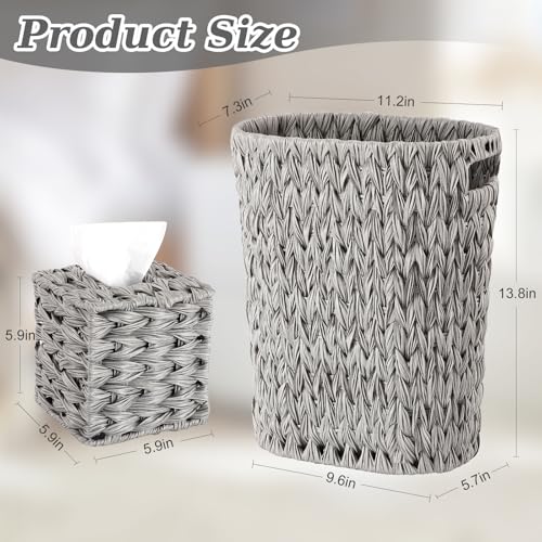 Image of BSSN Wicker Trash Can and Square Tissue Box Cover, 4 Gallon Water Hyacinth Bathroom Trash Can, Handwoven Napkin Holder, Narrow Small Waste Basket, Rustic Decorative Home Set for Bedroom,Office (Grey)