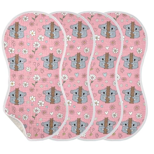 J JOYSAY Koala Flowers Hearts Pink Baby Burp Cloths for Boys Girls Large 22''x11'' Cotton 4 Layer Cloth Baby Essentials for Boy Drool one sizex4
