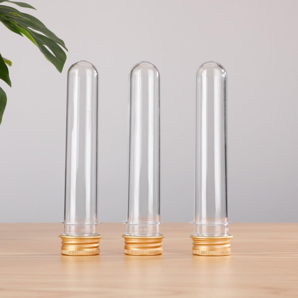 20 tubos de ensayo de 100 ml de plástico transparente con tapón de rosca, botella de prueba reutilizable para tubos de flores, manualidades, decoración de fiestas, caramelos, polvo, especias