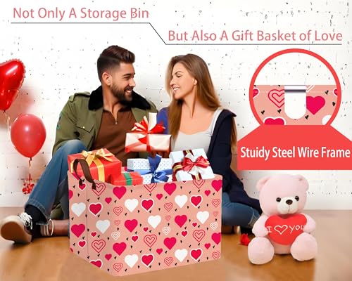 Image of Large Valentine's Day Basket Heart Shaped Storage Bin for Gifts Collapsible Organizer Room Decor (Pink Bottom Red White Love)