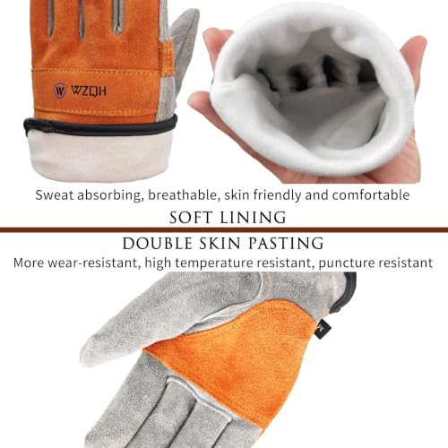 Image of WZQH Leather Work Gloves for Women or Men. Medium Glove for Gardening, Tig /Mig Welding, Construction, Chainsaw, Farm, Ranch, etc. Cowhide, Soft Lining, Utility, Firm Grip, Durable. Orange-Grey M