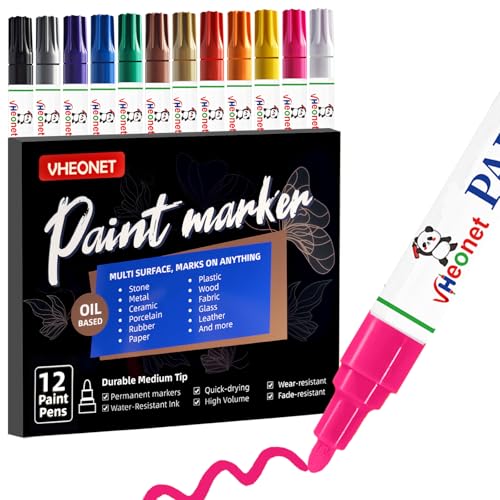 Premium Oil Based Paint Pens 12 Colors, Professional Permanent & Waterproof Markers, Medium Tip, Quick-Dry for Metal, Rock Painting, Glass, Ceramic, Wood, Plastic, Fabric, Mugs & Art Craft Projects