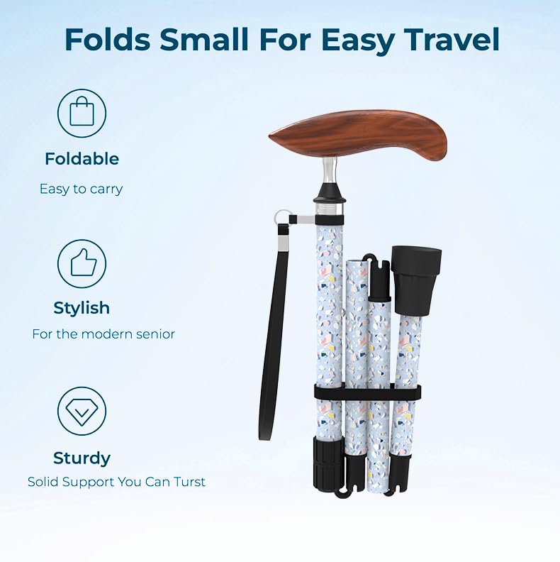 Bastón para mujeres y hombres, bastón plegable para viajes y uso diario, elegante bastón con patrón de océano azul, diseño ajustable, fibra de carbono