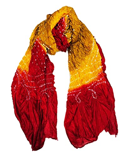 Image of PK HUB Women's Jaipuri Rajasthani Bandhani Dupatta | Art Silk Bandhej Dupatta with Gota Patti Work & Tassels (Free size)