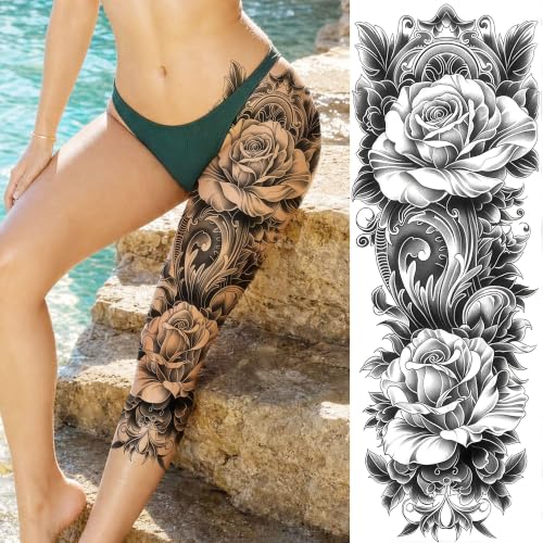 Image of Bilizar 2 Sheets Large 3D Rose Peony Flower Tattoos Full Arm Temporary Tattoo Sleeve For Women Adults, Realistic Watercolor Butterfly Flamingo Floral Fake Tattoos Full Sleeve Thigh Leg Tattoos Makeup