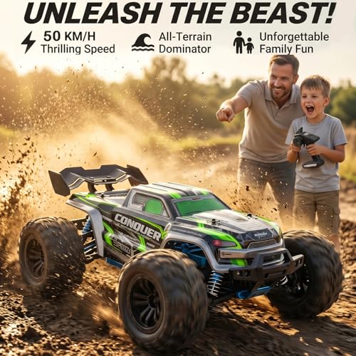 Image of RC Cars 1:16 Scale Remote Control Car 50 KMH High Speed Fast 4WD RC Truck for Kids Adults Boys 2.4 GHz All Terrains RC Buggy Off-Road RC Monster Trucks with 2 Rechargeable Batteries (Red)