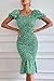 PRETTYGARDEN Women's Summer Floral Midi Bodycon Dresses Short Puff Sleeve Square Neck Ruffle Hem Mermaid Cocktail Dress (Green,Large)