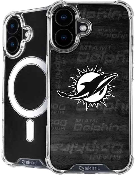Skinit Phone Case Compatible with MagSafe iPhone 16 - Officially Licensed NFL Miami Dolphins Black & White Design
