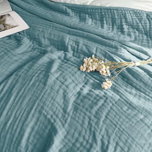 Image of SANACYNA Muslin Blankets 100% Cotton 6-Layer Gauze Queen Size Teal Light Blanket Soft Cozy Breathable Bed Blanket for Sofa Couch Bed Coverlet Both Sides (Teal, Queen 90 inch X 90 inch)