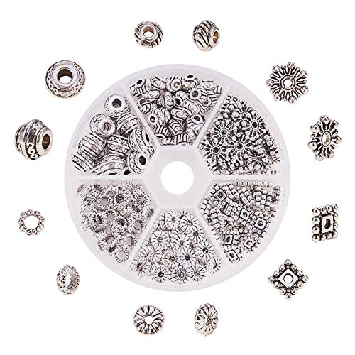 PandaHall Elite 216pcs 6 Styles Perles Intercalaires Perles Espacees Perles d'Espacement en Alliage de Style Tibétain Accessoires de Bijoux Collier Bracelet, Argent Antique