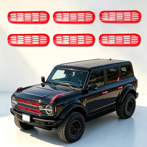 Image of sukemichi Red Front Grille Inserts Mesh Grill Cover for Ford Bronco | Decals stickers covers,Fits 2021-2026 Base /Big Bend /Outer Banks /Badlands exterior accessories,Not for Sport,ABS,6 Pack