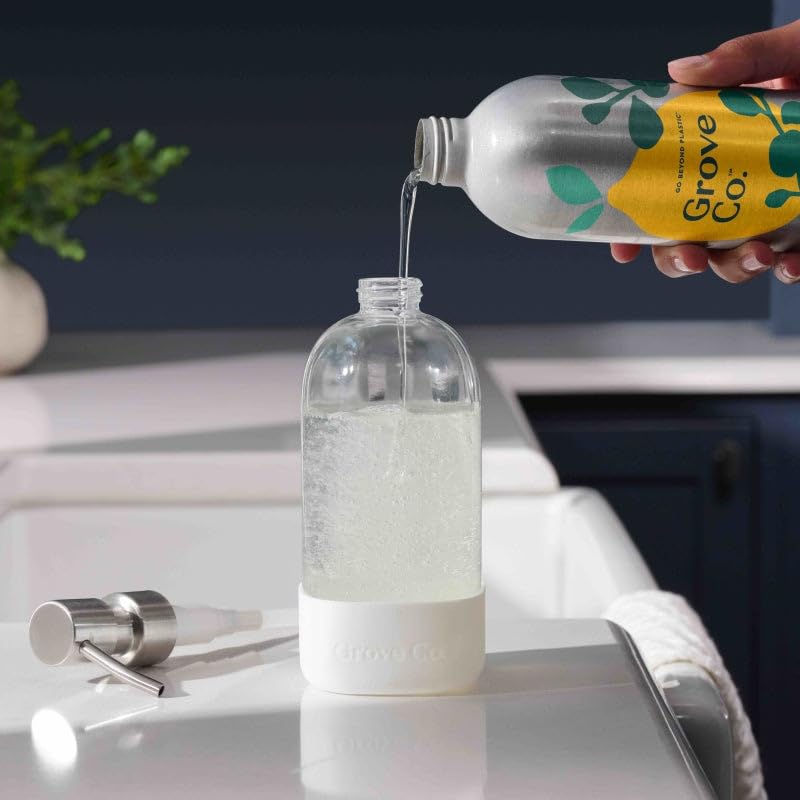 Image of Grove Co. Ultimate Dish Soap Refill Bundle, Free & Clear Unscented, 3-Pack of 16 oz Aluminum Bottles with Reusable Glass Soap Dispenser, Plant-Based Grease-Cutting Formula