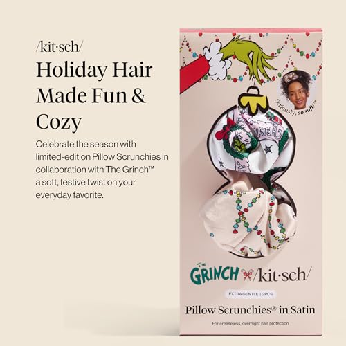 Image of The Grinch x Kitsch Pillow Satin Scrunchies for Women - Hair Ties No Damage, No Crease Hair Accessories | For Day or Night Use | Ideal Gifts for Women - 2pcs