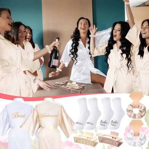 Image of Bonuci 24 Pcs Bride Bridesmaid Robes Set of 6 Bridal Silk Satin Robes for Wedding Bachelorette Party Bridal Shower Gifts