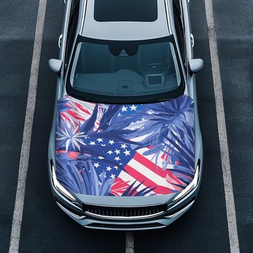 Image of Tropical Plants US Flag Car Hood Covers for Automobiles, Universal Hawaiian Palm Leaves Flag Car Bonnet Banner for Most Vehicles Sedans Trucks SUVs, All-Season Protection