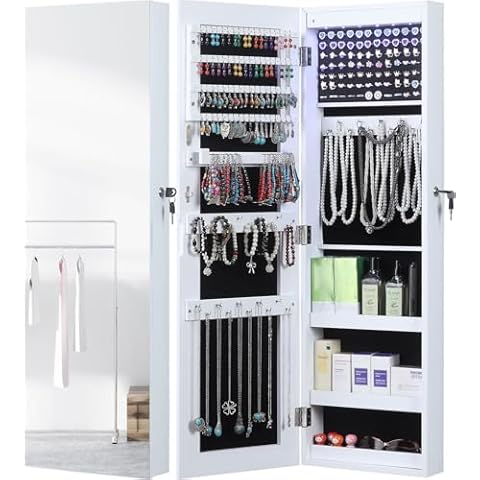 GISSAR Full Length Mirror Jewelry Cabinet, 6 LEDs Jewelry Armoire Wall Mounted Over The Door Hanging, Jewelry Organizer Display Storage Furniture with Lights Locker Mirrored Cabinet, 39.4" H, White Cover