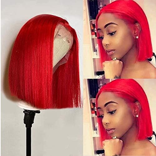 Smartinnov Red Bob Wigs Brazilian Human Hair 10 Inch Silky Straight Lace Front Wig Red Remy Hair Bob Wigs Middle Part 150% Density Pre Plucked with Baby Hair Brazilian Virgin Hair Red Bob Wigs