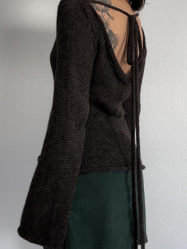 CORIRESHA Women's Vintage Tie Back Bell Sleeves Boat Neck Casual Knitted Pullover Sweater3