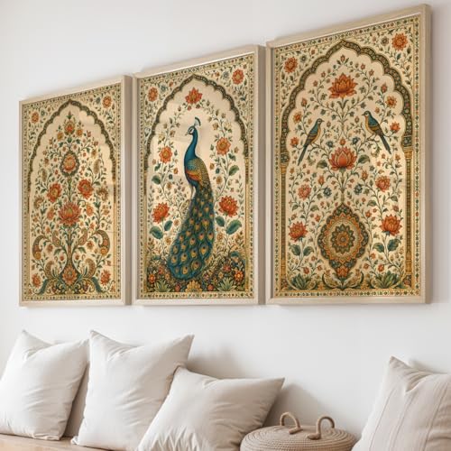 Image of NoWorries Peacock Wall Art Set of 3 Framed Prints | Indian Traditional Floral Botanical Painting, Royal Peacock & Bird Poster, Vintage Rajasthani Ethnic Wall Decor for Living Room Bedroom Home (Synthetic Engineered Wooden Frame) (MIN -12, 13x17 inches)