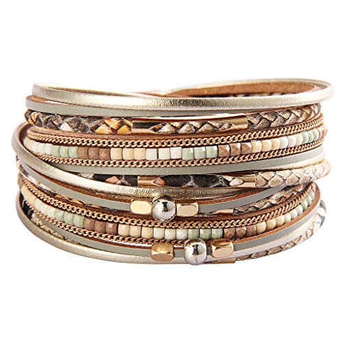 TASBERN Leather Wrap Bracelet Multi Strands Leopard Print Wrap Around Leather Cuff Bracelets Beige Magnetic Clasp Jewelry Gift for Women Girls