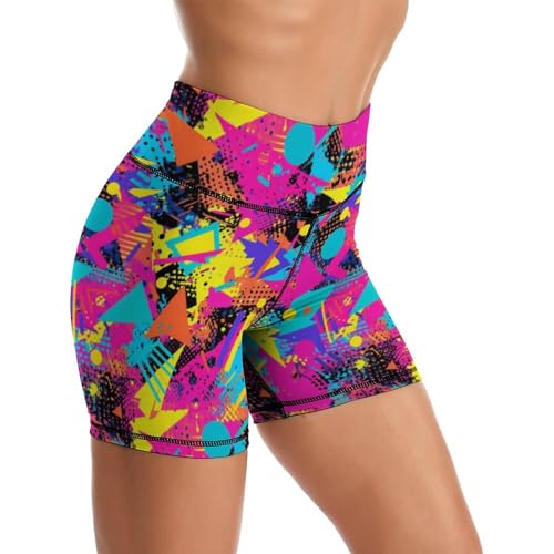 Retro 80s 90s Geometry Yoga Shorts High Waisted Biker Shorts for Womens Athletic Running Workout S