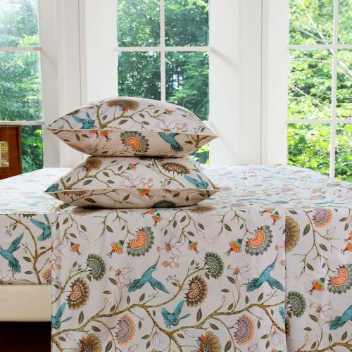 Image of FADFAY Twin 100% Egyptian Cotton Sheets Set 4 Piece, Luxury Cottagecore Botanical Floral Bird Print Ultra Soft Cooling Bed Sheets Set, Breathable Deep Pocket Hotel Quality Bedding for Hot Sleepers