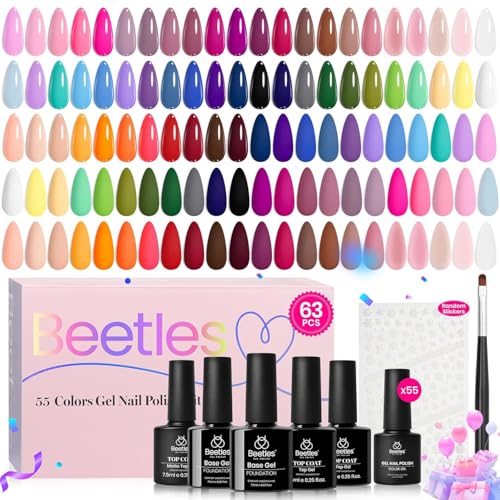 Image of Beetles Gel Nail Polish Set - Vibrarnt Holiday 55 Colors Gel Polish Kit with 5 Bottles Base Glossy Matte Top Coat UV LED Soak off Nail Polish Red Brown Pink Green Blue Valentines Gifts for Women