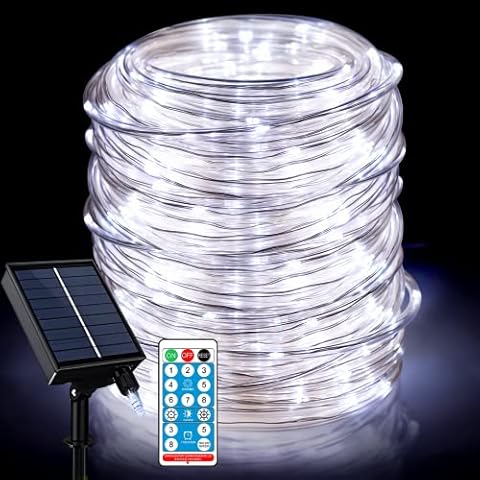 Solar Outdoor Rope Lights, 66ft 200leds Solar Powered Rope Lights Outdoor, 8 Modes Dimmable/Timer Remote String Light 3.7V/1200mAh Rope Solar Lights Outdoor Waterproof for Garden Decor, White Cover