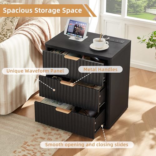 Image of LEYAOYAO 23 inch Wide Fluted Farmhouse Night Stand Set of 2 with Charging Station, 3 Drawers Large End Table w /Metal Handle,Black Nightstand Bedside Table,Wood Dresser for Bedroom, Closet