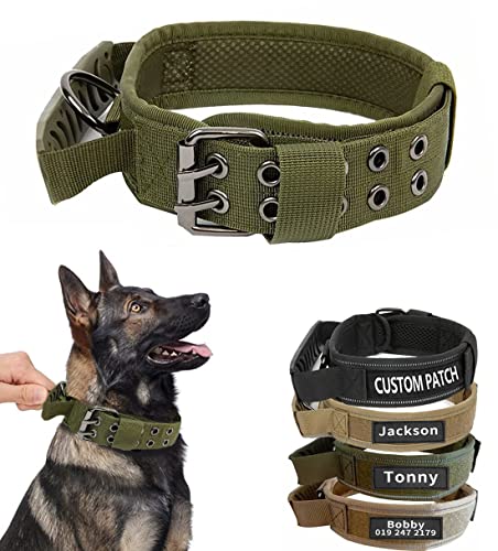 Tiiyar 犬首輪 戦術訓練 ハンドル付き カスタムペット用首輪 お名前&電話番号刻印付き 中大型犬に適用 ミリタリー (M, グリーン)