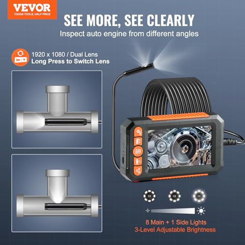 Image of VEVOR Endoscope Camera with Light, Dual Lens Industrial Borescope, 4.3 inch Screen 1080P Inspection Camera, 8 + 1 Lights, 4X Zoom, IP67 Waterproof Snake Camera for Auto, Plumbing (16.4FT Cable, 32GB Card)
