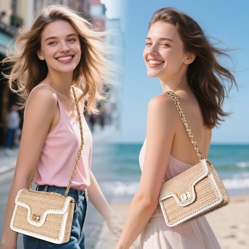 Image of Straw Crossbody Bags for Women, Summer Fashion Straw Purses and Handbags Shoulder Raffia Clutch Bag with Pearls