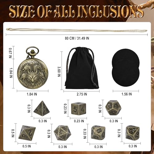 Image of Kabinka DND Dice Set, 7pcs Mini Metal Dice with Pocket Watch Shell, Portable D&D Die with Necklace, Dungeons and Dragons Dice for RPG(Five-Headed Dragon, Bronze)