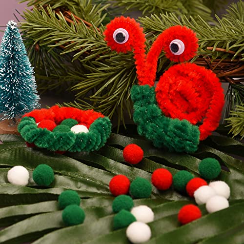 XNHIU Lot de 750 cure-pipes de Noël - 150 pièces - Rouge, vert, blanc - En chenille - 300 pièces - Yeux mobiles - 300 pompons - Pour loisirs créatifs (rouge, vert, blanc) - Image 4